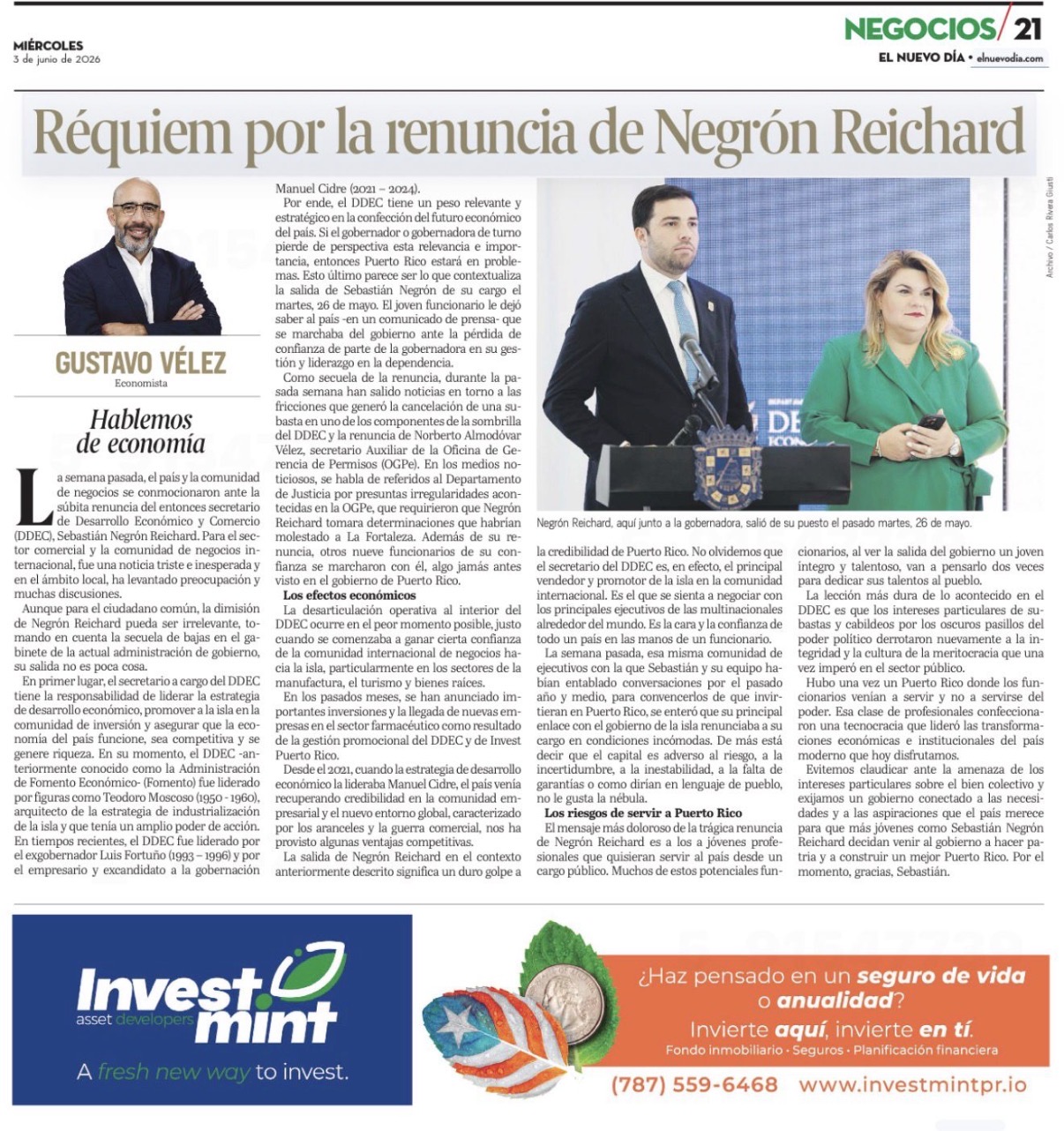 Anuncio de Investmint en la sección de Negocios de El Nuevo Día
